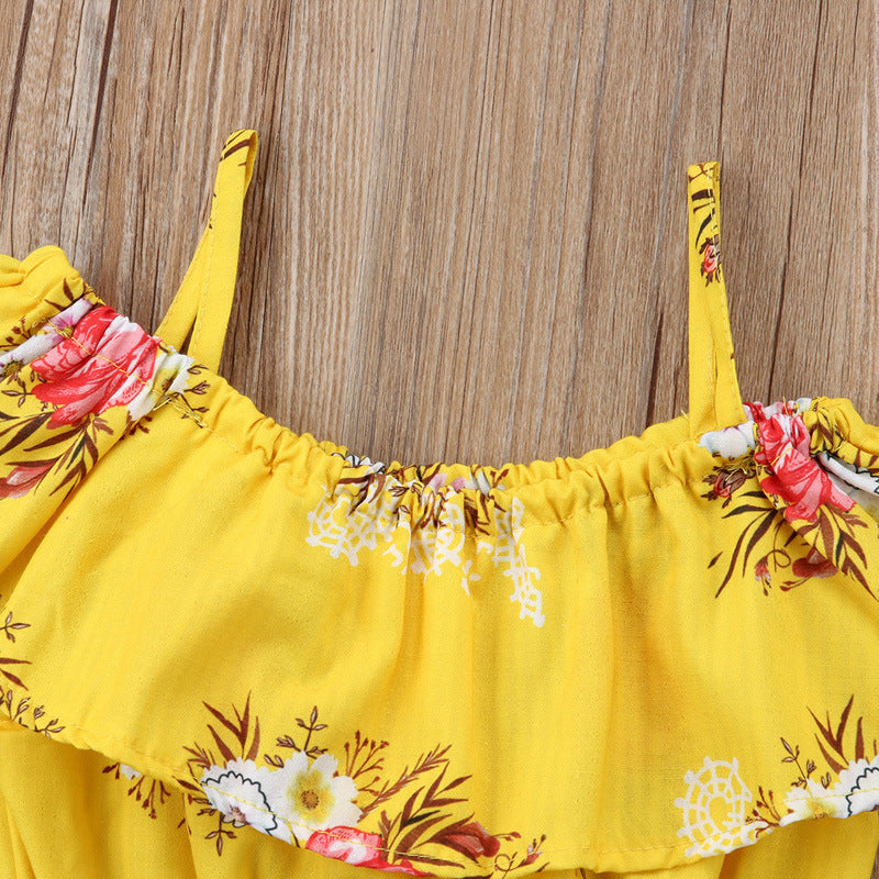 Girl's one-collar floral shorts suit