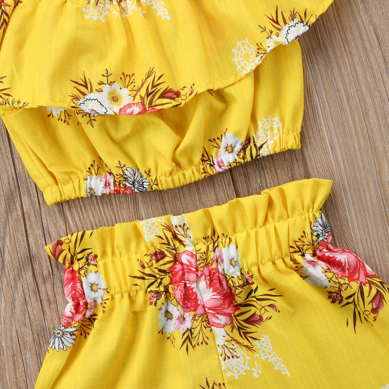 Girl's one-collar floral shorts suit