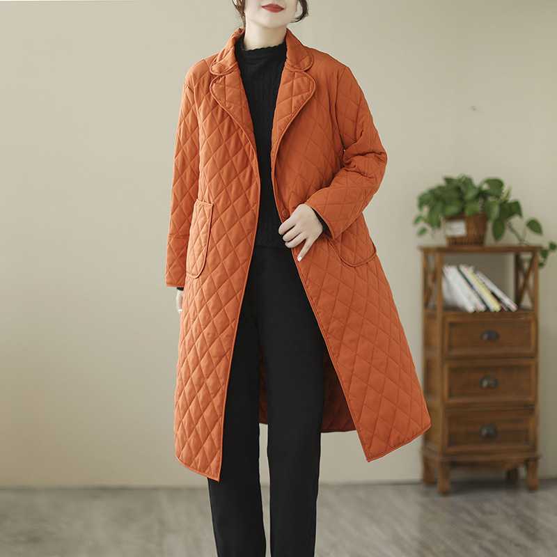 Artistic Retro Diamond Lattice Cotton-padded Clothes Mid-length Coat And Trench Coat
