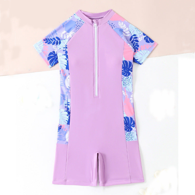 Girls' Short-sleeved Zipper One-piece Boxer Swimsuit For Middle And Big Children
