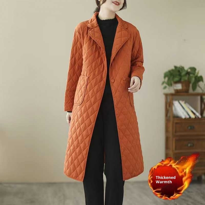 Artistic Retro Diamond Lattice Cotton-padded Clothes Mid-length Coat And Trench Coat
