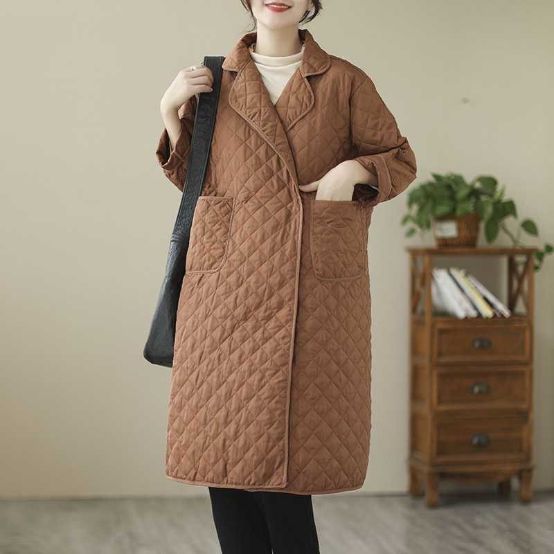 Artistic Retro Diamond Lattice Cotton-padded Clothes Mid-length Coat And Trench Coat