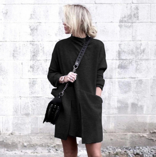 European And American New Autumn And Winter Fashion Round Neck Pocket Long Sleeve