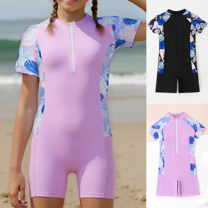 Girls' Short-sleeved Zipper One-piece Boxer Swimsuit For Middle And Big Children