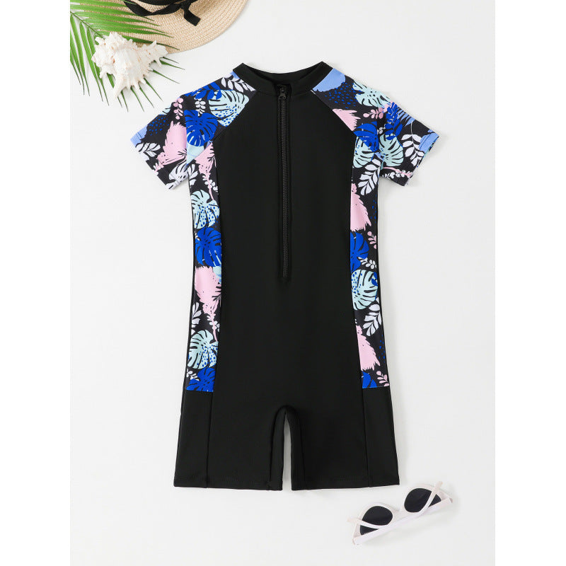 Girls' Short-sleeved Zipper One-piece Boxer Swimsuit For Middle And Big Children