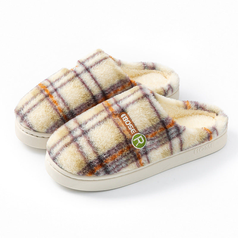 Women's Home Plush Warm Non-slip Plaid Cotton Shoes