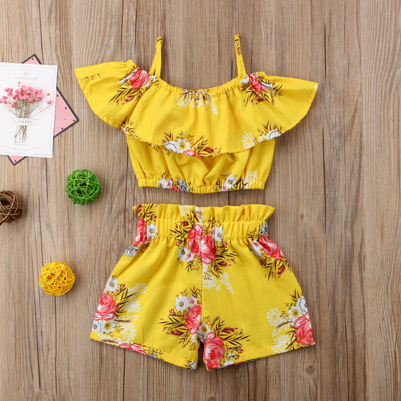 Girl's one-collar floral shorts suit