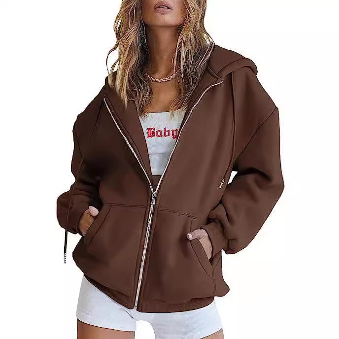 Women's Velvet Padded Hooded Sweatshirt Casual Zipper Cardigan