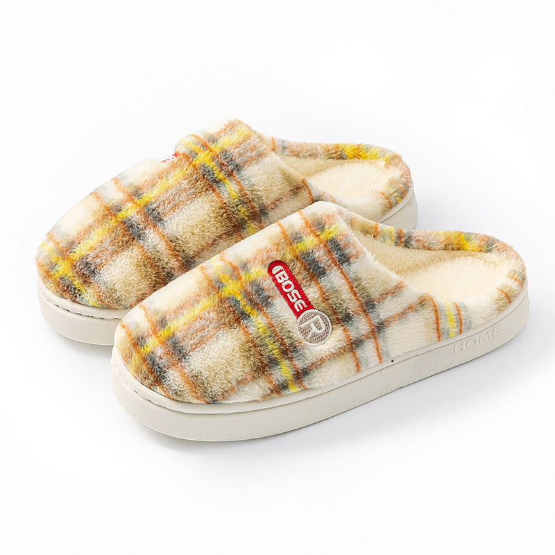 Women's Home Plush Warm Non-slip Plaid Cotton Shoes