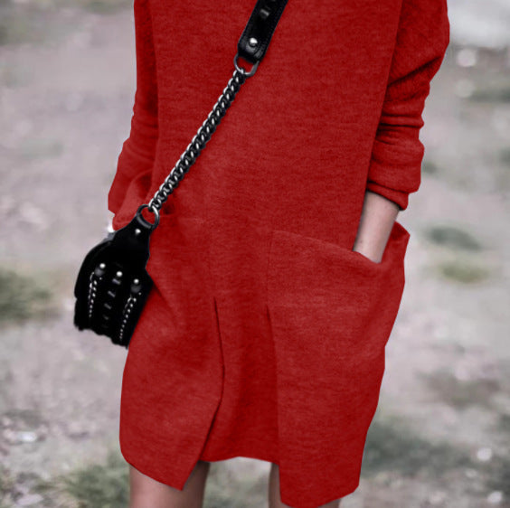 European And American New Autumn And Winter Fashion Round Neck Pocket Long Sleeve