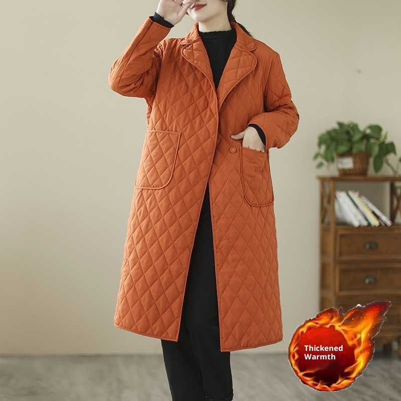 Artistic Retro Diamond Lattice Cotton-padded Clothes Mid-length Coat And Trench Coat