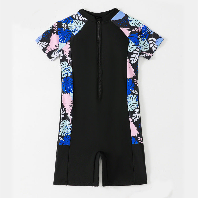 Girls' Short-sleeved Zipper One-piece Boxer Swimsuit For Middle And Big Children