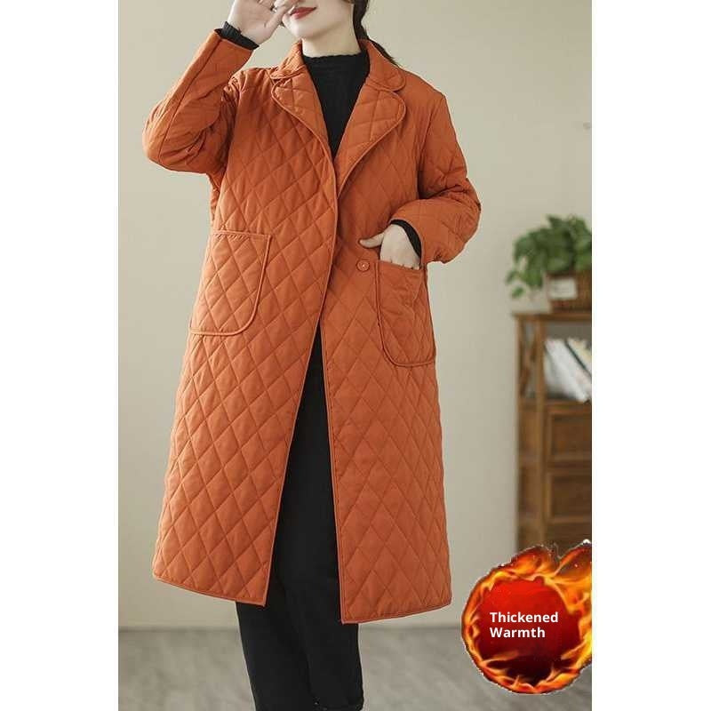 Artistic Retro Diamond Lattice Cotton-padded Clothes Mid-length Coat And Trench Coat