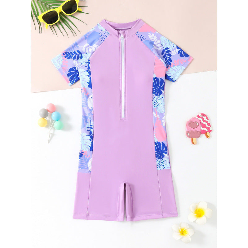 Girls' Short-sleeved Zipper One-piece Boxer Swimsuit For Middle And Big Children